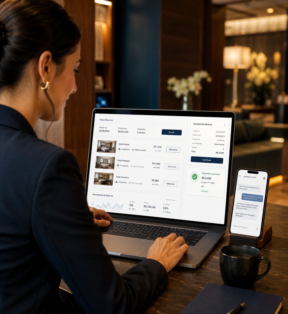 Recepcionista de Hotel acompanha a máquina de venda de reservas da FastHotel